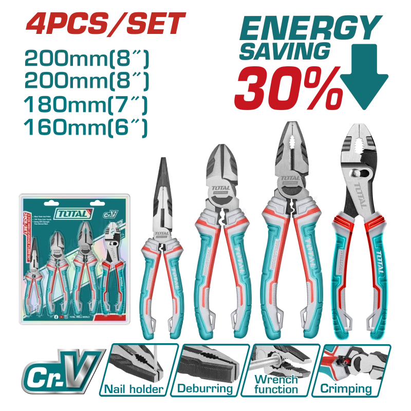 مجموعة كماشة توتال 4 قطع - فولاذ Cr-V مع مقابض TRP مريحة للدقة والكفاءة - توتال