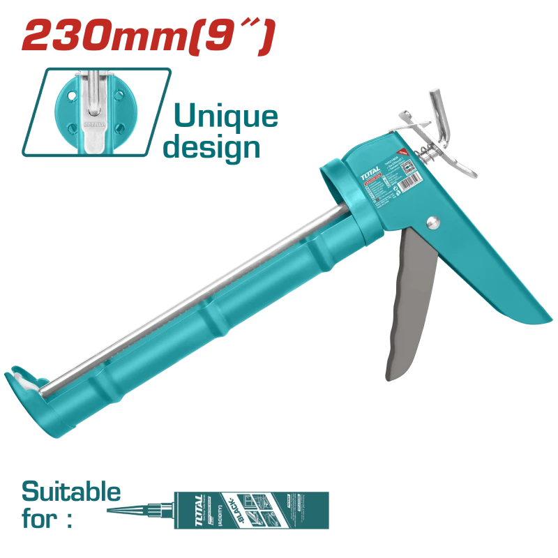 TOTAL Caulking Gun 9 & (230mm) THT21809, Heavy-Duty Iron Frame with 0.8mm Thickness, 55mm Barrel for Standard Tubes, Professional Sealant Applicator - Total