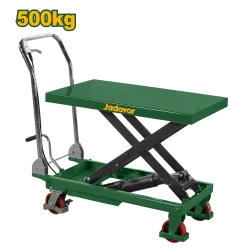 طاولة رفع يدوية تتحمل حتى 500 كجم، سطح 850×500 مم، ارتفاع قابل للتعديل من 285 إلى 880 مم، مزودة بعجلات PU ودواسة قدم، مثالية للمستودعات وورش العمل من جادفر