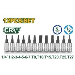 مجموعة رؤوس بت سُوكَت 1/4 بوصة 12 قطعة JDST2414 | بتات سداسية وتوركس، فولاذ Cr-V و50BV30، معالجة حرارية وطلاء كرومي من جادفر