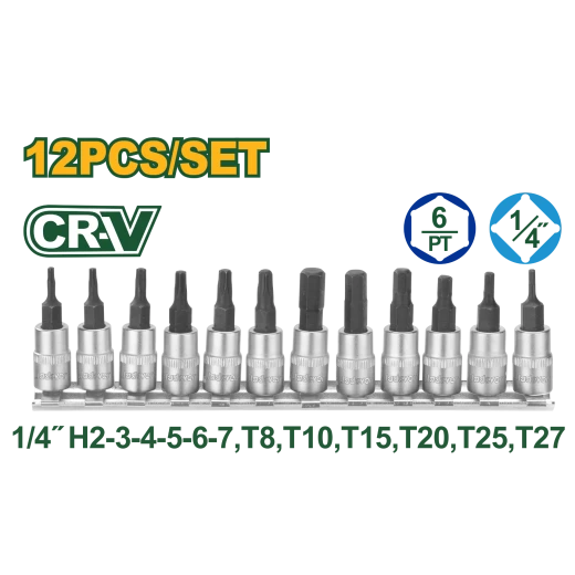 مجموعة رؤوس بت سُوكَت 1/4 بوصة 12 قطعة JDST2414 | بتات سداسية وتوركس، فولاذ Cr-V و50BV30، معالجة حرارية وطلاء كرومي من جادفر مجموعة رؤوس بت سُوكَت 1/4 بوصة 12 قطعة JDST2414 | بتات سداسية وتوركس، فولاذ Cr-V و50BV30، معالجة حرارية وطلاء كرومي من جادفر