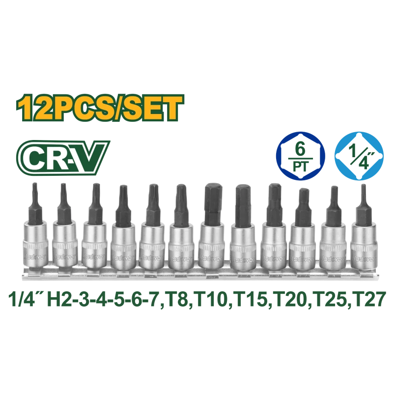 مجموعة رؤوس بت سُوكَت 1/4 بوصة 12 قطعة JDST2414 | بتات سداسية وتوركس، فولاذ Cr-V و50BV30، معالجة حرارية وطلاء كرومي من جادفر - جادفر