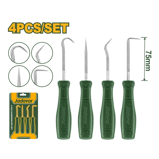 طقم خطافات ودبابيس 4 قطع فولاذ كربوني 45#، 75مم، بمقبض PP مريح من جادفر (JDSS2604) طقم خطافات ودبابيس 4 قطع فولاذ كربوني 45#، 75مم، بمقبض PP مريح من جادفر (JDSS2604)