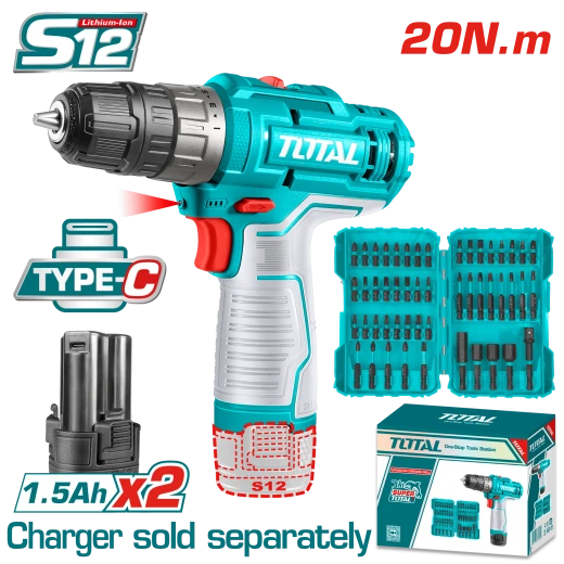 مثقاب لاسلكي 12V بقوة 20 نيوتن متر مع بطاريتين + طقم ملحقات هدية 50 قطعة (TOSLI24011) من توتال مثقاب لاسلكي 12V بقوة 20 نيوتن متر مع بطاريتين + طقم ملحقات هدية 50 قطعة (TOSLI24011) من توتال