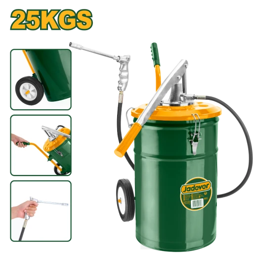 مضخة تشحيم يدوية موديل JDHY2A25 ,سعة 25 كجم، ضغط 3000psi، خرطوم بطول 1500 مم، مزودة بعجلات ومقبض, مضخة تشحيم قوية للتطبيقات الصناعية من جادفر
