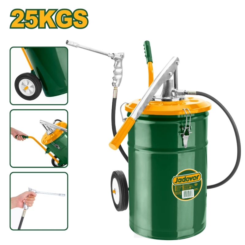 مضخة تشحيم يدوية موديل JDHY2A25 ,سعة 25 كجم، ضغط 3000psi، خرطوم بطول 1500 مم، مزودة بعجلات ومقبض, مضخة تشحيم قوية للتطبيقات الصناعية من جادفر - جادفر