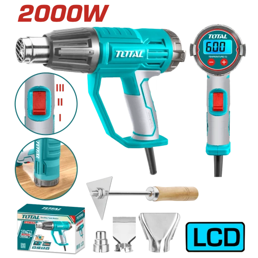 مسدس حراري 2000 واط مع شاشة LCD تحكم بدرجة الحرارة من 50°C إلى 600°C، إعدادات تدفق هواء متعددة، يشمل فوهات وكاشطة للاستخدام المتنوع من توتال مسدس حراري 2000 واط مع شاشة LCD تحكم بدرجة الحرارة من 50°C إلى 600°C، إعدادات تدفق هواء متعددة، يشمل فوهات وكاشطة للاستخدام المتنوع من توتال