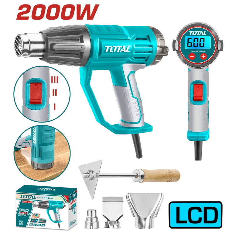 مسدس حراري 2000 واط مع شاشة LCD تحكم بدرجة الحرارة من 50°C إلى 600°C، إعدادات تدفق هواء متعددة، يشمل فوهات وكاشطة للاستخدام المتنوع من توتال - توتال