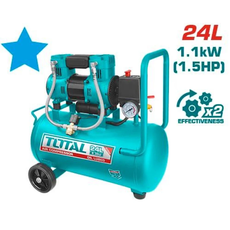 كمبروسر هواء (TCS1110242) ,محرك 1100 واط (1.5 حصان) بدون زيت، خزان 24 لتر, ضاغط هواء منخفض الضجيج 8 بار للاستخدام المنزلي والمهني من توتال - توتال