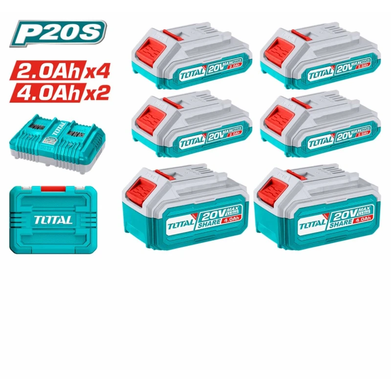 طقم بطاريات وشاحن ليثيوم أيون P20S (TOSLI230701) وبطاريات 20 فولت بسعة 2.0 أمبير و4.0 أمبير, شاحن ذكي سريع ذو منفذين لشحن البطاريتين معاً, متوافق مع أدوات توتال P20S من توتال - توتال