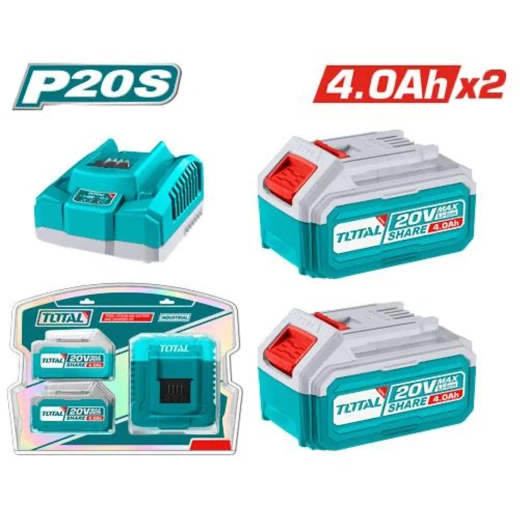 طقم بطارية وشاحن ليثيوم أيون P20S 20 فولت (TFBCPK1424) ,بطاريتان 4.0 أمبير مع مؤشر LED للشحن, شاحن ذكي سريع, متوافق مع نظام أدوات P20S من توتال طقم بطارية وشاحن ليثيوم أيون P20S 20 فولت (TFBCPK1424) ,بطاريتان 4.0 أمبير مع مؤشر LED للشحن, شاحن ذكي سريع, متوافق مع نظام أدوات P20S من توتال