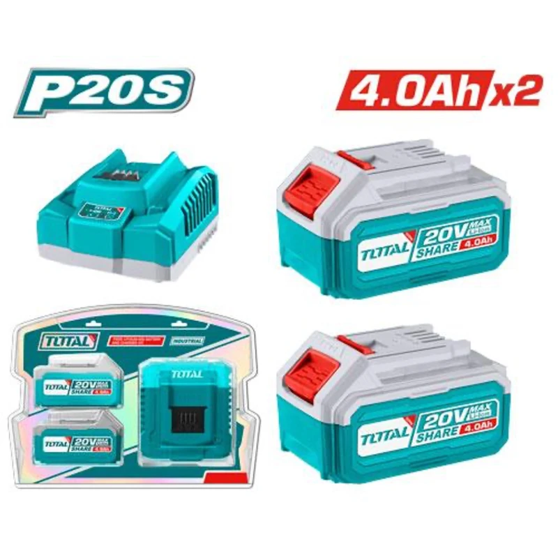 طقم بطارية وشاحن ليثيوم أيون P20S 20 فولت (TFBCPK1424) ,بطاريتان 4.0 أمبير مع مؤشر LED للشحن, شاحن ذكي سريع, متوافق مع نظام أدوات P20S من توتال - توتال