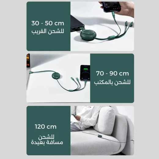 كابل شحن 3 في 1 قابل للسحب, كابل USB متعدد متوافق مع آيفون، تايب سي ومايكرو USB، لا يتشابك، شاحن سريع محمول للسفر والاستخدام اليومي - Image 6