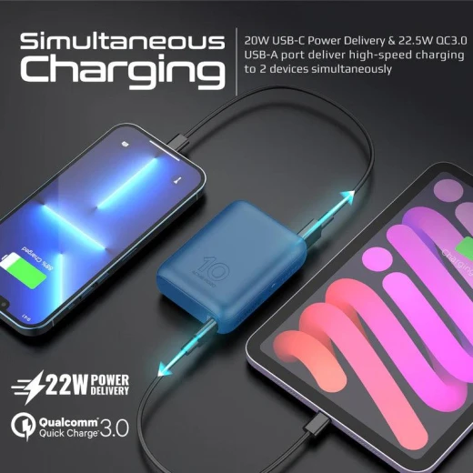 باور بانك Acme-PD20 بسعة 10000 مللي أمبير، شحن سريع بقوة 20 واط PD عبر USB-C وتقنية صحن سريع 3.0، بطارية محمولة مدمجة متوافقة مع آيفون وسامسونج وأجهزة أندرويد, أزرق من بروميت - برو مات - Image 3