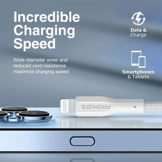 كابل شحن آيفون XCord-Ai أبيض, معتمد من ابل MFi، عالي التحمل وسرعة شحن فائقة, متوافق مع أجهزة ايفون و ايباد و ايربودز من بروميت - برو مات - Image 2