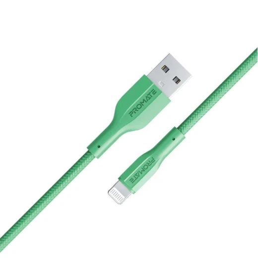 كابل شحن آيفون XCord-Ai أخضر, معتمد من ابل MFi، عالي التحمل وسرعة شحن فائقة, متوافق مع أجهزة ايفون و ايباد و ايربودز من بروميت كابل شحن آيفون XCord-Ai أخضر, معتمد من ابل MFi، عالي التحمل وسرعة شحن فائقة, متوافق مع أجهزة ايفون و ايباد و ايربودز من بروميت