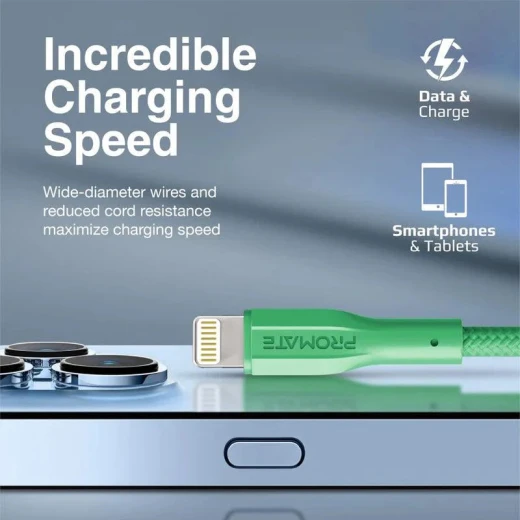 كابل شحن آيفون XCord-Ai أخضر, معتمد من ابل MFi، عالي التحمل وسرعة شحن فائقة, متوافق مع أجهزة ايفون و ايباد و ايربودز من بروميت - برو مات - Image 2