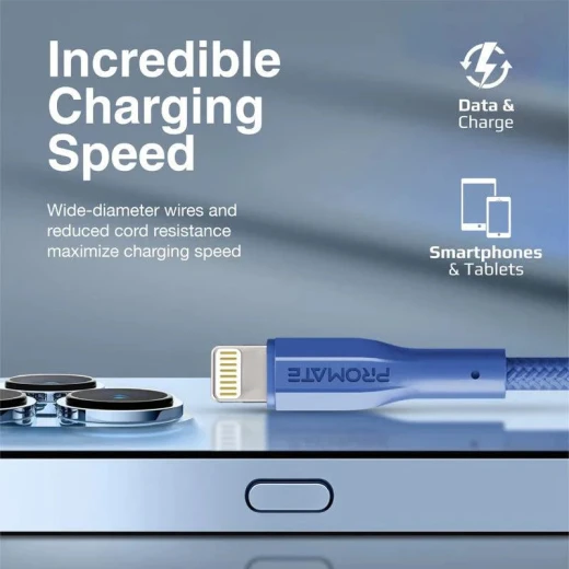 كابل شحن آيفون XCord-Ai أزرق, معتمد من ابل MFi، عالي التحمل وسرعة شحن فائقة, متوافق مع أجهزة ايفون و ايباد و ايربودز من بروميت - برو مات - Image 2