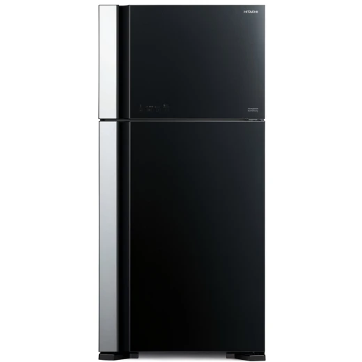 ثلاجة هيتاشي R-VG800PJ7 بفريزر علوي 550 لتر زجاج أسود، تبريد بمروحتين