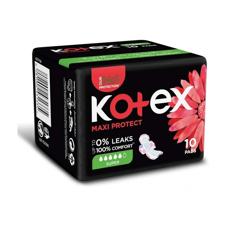 Kotex Maxi Protect Large Sanitary Pads with Wings 10 Pads Fast Absorption Anti-Leak Barriers Soft & Comfortable Secure Fit - Kotex