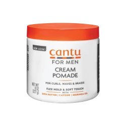Cantu Men's Cream Pomade, 227 g Jar, Provides Strong Hold and Shine, Infused with Shea Butter for Moisture and Style, Perfect for Textured Hair Styles
