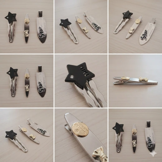 A set of assorted hair clips, containing 3 metal clips in different designs and sizes: one with a gold heart, another with a black logo, and a third with a black and white smiley face design. High-quality handmade craftsmanship, perfect for everyday use - Wateen store - Image 2