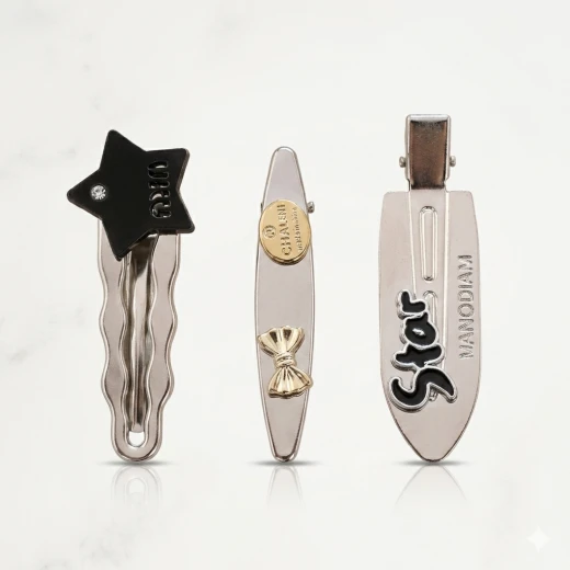A set of assorted hair clips, containing 3 metal clips in different designs and sizes: one with a gold heart, another with a black logo, and a third with a black and white smiley face design. High-quality handmade craftsmanship, perfect for everyday use A set of assorted hair clips, containing 3 metal clips in different designs and sizes: one with a gold heart, another with a black logo, and a third with a black and white smiley face design. High-quality handmade craftsmanship, perfect for everyday use