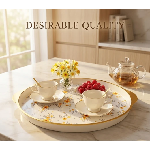 Round Plastic Serving Tray Floral Decor Multi Purpose Coffee Corner Tray Cosy Style Food Serving Decorative Lightweight Home Kitchen Use for Drinks Desserts and Daily Hospitality - Kitchen house - Image 3