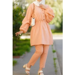Women’s Modest Two-Piece Set – Button-Front Tunic with Elastic Waist & Matching Pants | Soft, Elegant, Everyday Wear
