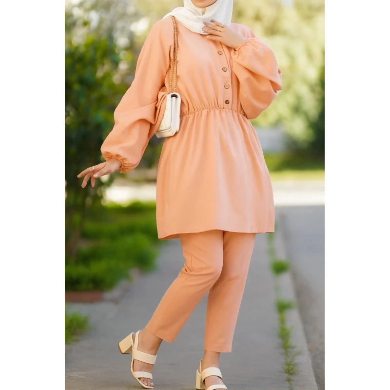 Women’s Modest Two-Piece Set – Button-Front Tunic with Elastic Waist & Matching Pants | Soft, Elegant, Everyday Wear - Lolo shop fashion
