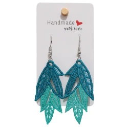 Beautiful Leaf-shaped Earrings with Soft Threads in Gradients of Blue and Turquoise, Earrings That Reflect the Beauty of the Sea and the Sky, Size 5.5 Cm × 2.5 Cm