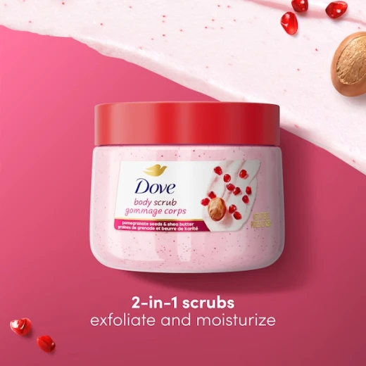 Dove Pomegranate & Shea Butter Body Scrub, Gentle Exfoliating Body Scrub with Pomegranate & Shea Butter, Removes Dead Skin, Deeply Nourishes & Softens Skin, Suitable for All Skin Types, 425 g Dove Pomegranate & Shea Butter Body Scrub, Gentle Exfoliating Body Scrub with Pomegranate & Shea Butter, Removes Dead Skin, Deeply Nourishes & Softens Skin, Suitable for All Skin Types, 425 g