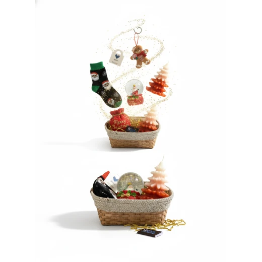 Deluxe Festive Christmas Basket - Santa Socks, Gingerbread Ornament, Snow Globe & Pine Tree Candle Deluxe Festive Christmas Basket - Santa Socks, Gingerbread Ornament, Snow Globe & Pine Tree Candle