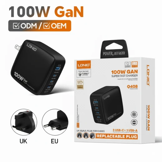 شاحن لدينو فائق السرعة بتقنية GaN بقوة 100 واط، مزود بـ 4 منافذ USB (1A3C) شاحن لدينو فائق السرعة بتقنية GaN بقوة 100 واط، مزود بـ 4 منافذ USB (1A3C)