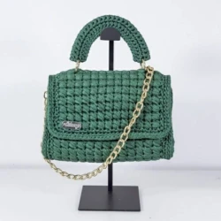 Elegant Emerald Green Crochet Bag with Gold Chain - Size 26x18x10 cm