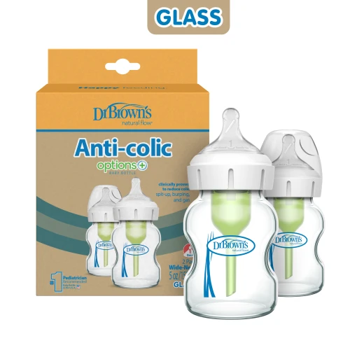 Dr. Brown's Glass Wide-Neck Options+ Bottle, 5 oz /150 ml, 2-pack