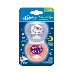 Dr. Browns Advantage Glow-in-the-Dark Pacifier, 100% Silicone Baby Paci Symmetrical Soother, 0-6m, BPA free
