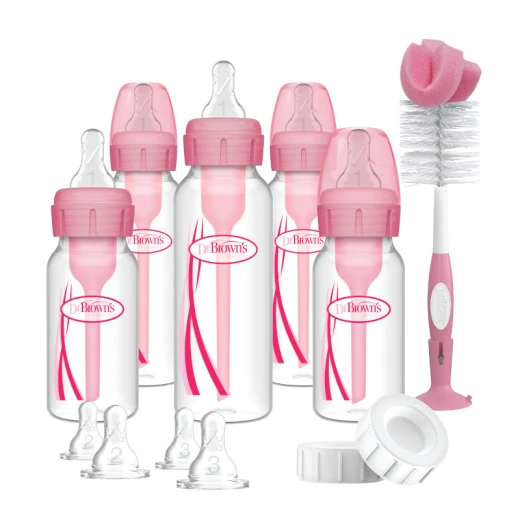 Dr.Brown's Plastic Narrow-Neck Options+ Baby Bottle, PINK Gift Set ( 5 bottles , 9 Nipples , 2 Storage Caps , 1 Bottle Brush ) - Dr. Brown's - Image 2