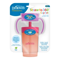 Dr. Brown’s Milestones Straw to 360° Cup , Convertible Toddler Training Cup , with Interchangeable Silicone Straw and 360 Degree Cup Lids, pink , 10 oz/300 mL, BPA Free