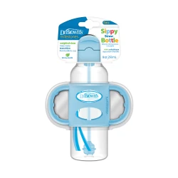 Dr. Browns Plastic Narrow-Neck Sippy Straw Bottle With Silicone Handles , 8 oz/ 250 ml , Blue ,1-pack