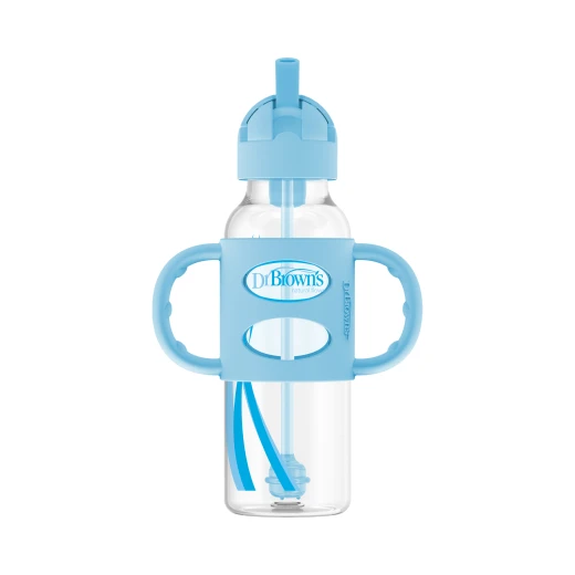Dr. Browns Plastic Narrow-Neck Sippy Straw Bottle With Silicone Handles , 8 oz/ 250 ml , Blue ,1-pack - Dr. Brown's - Image 3