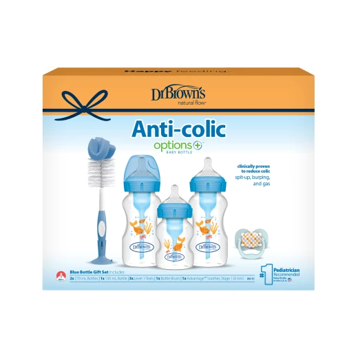 Dr.Browns Plastic Wide-Neck Options+ Baby Bottle , Blue Gift Set with ( 3 Bottles , 3 Nipples , Bottle Cleaning Brush and Pacifier) 