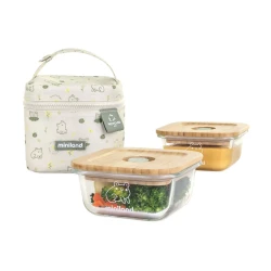 Miniland Glass Food Containers Set of 2 , 210ml Capacity , Wood Lids , With Insulated Bag , FROG