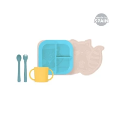 Miniland Baby Tableware set of 5 ( Plate , Spoon , Fork , Cup, Non Slip PlaceMat ) - Sunshine