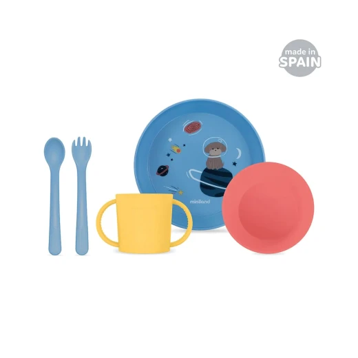 Miniland Baby Tableware Set of 5 ( Plate , Bowl , Spoon , Fork , Cup ) for encouraging independence in children- SPACE Miniland Baby Tableware Set of 5 ( Plate , Bowl , Spoon , Fork , Cup ) for encouraging independence in children- SPACE