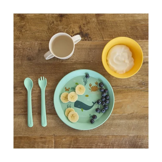 Miniland Baby Tableware Set of 5 ( Plate , Bowl , Spoon , Fork , Cup )  resistant, free of Bisphenol - OCEAN - Miniland - Image 2