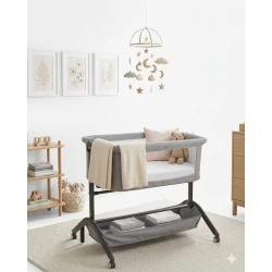 Nuby Next2Me Bedside Bassinet and Portable Travel Crib with Adjustable Height and Large Storage Basket Grey