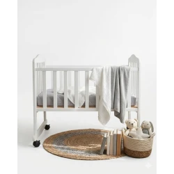 Wooden Rocking Baby Crib and Newborn Cot with Lockable Wheels and Natural Wood Base White