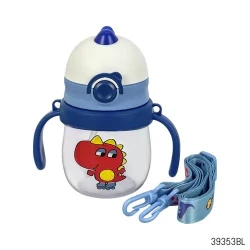 Dinosaur Baby Water Bottle with Straw and Handles Leak Proof Sippy Cup with Shoulder Strap Blue 250ml