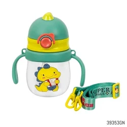 Dinosaur Baby Water Bottle with Straw and Handles Leak Proof Sippy Cup with Shoulder Strap Green 250ml